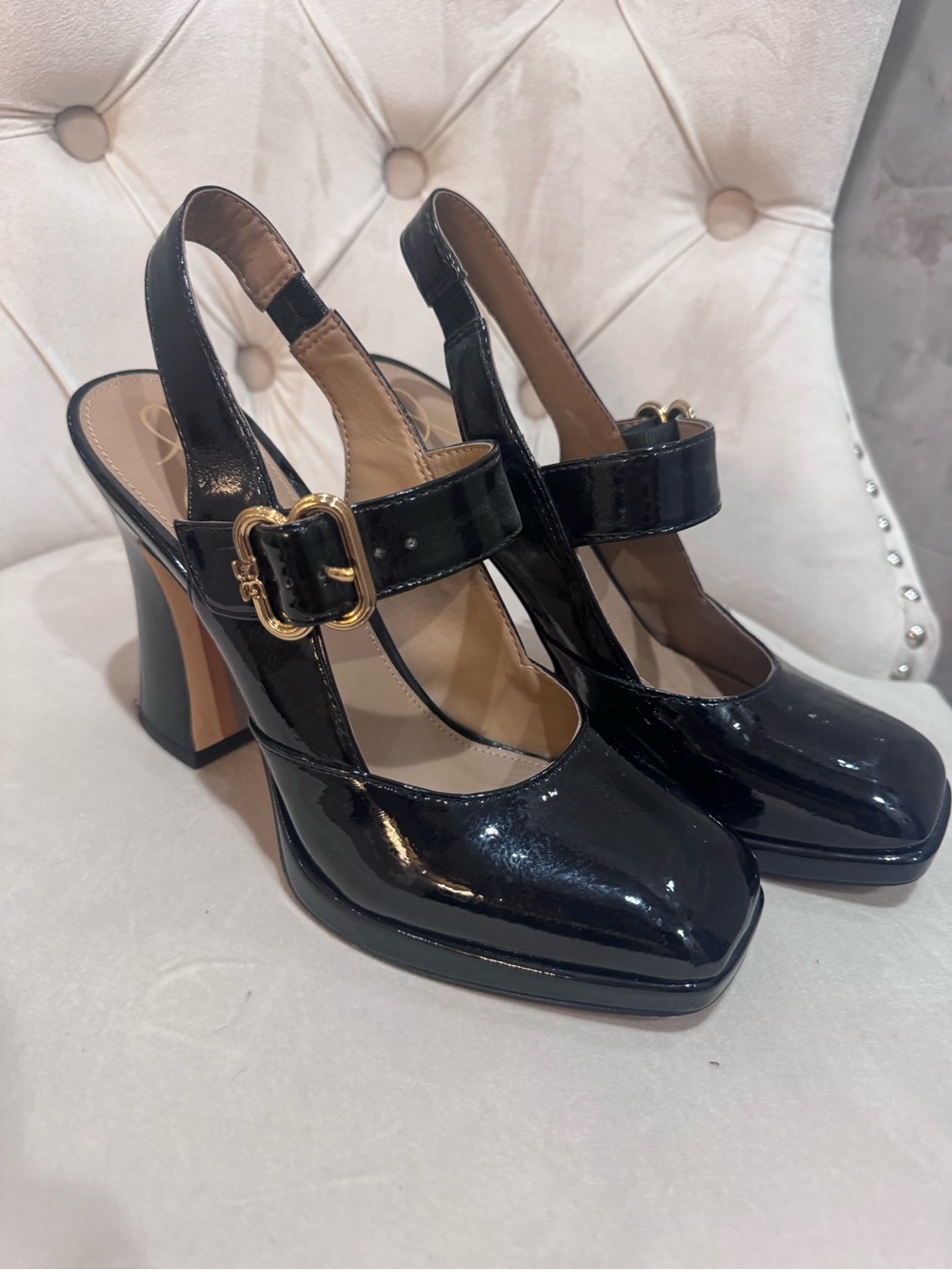 Jessica Simpson Black Patent Leather Slingback Mary Jane Platform Heels | Size 7